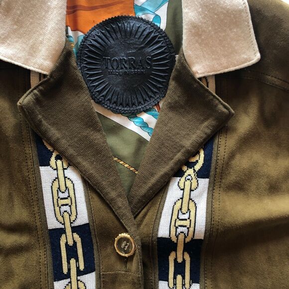 Torras Spain Vintage 80s Jacket Green Suede Gold Navy Knit Chain Link - Picture 9 of 14
